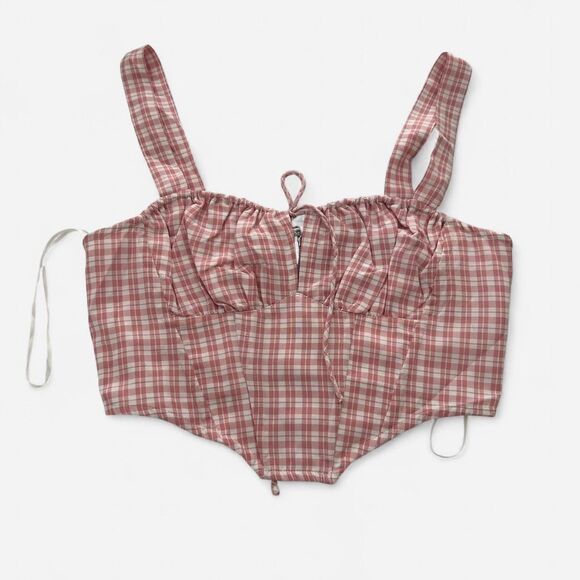 Red Pink Plaid Bow Corset Top – Coquette Girly Prep Aesthetic (Size S, NWT) - Picture 3 of 4